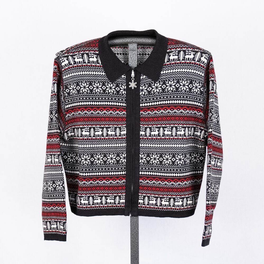 Vintage Marisa Christina Petite Women's Fair Isle Holiday Zip Cardigan Reindeer